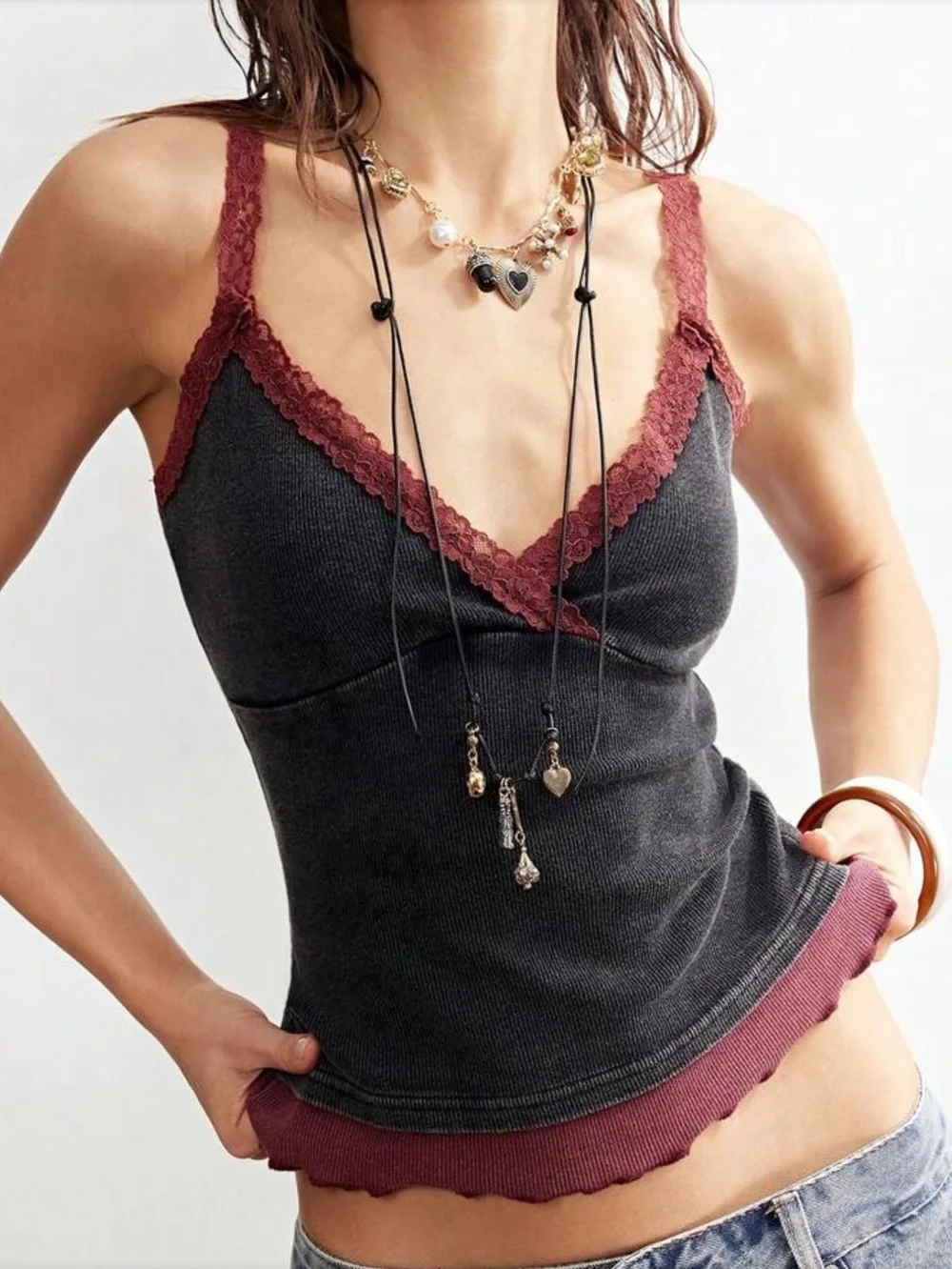Lace-Trim V-Neck Ribbed Cami Tank Top - Black with Burgundy Trim